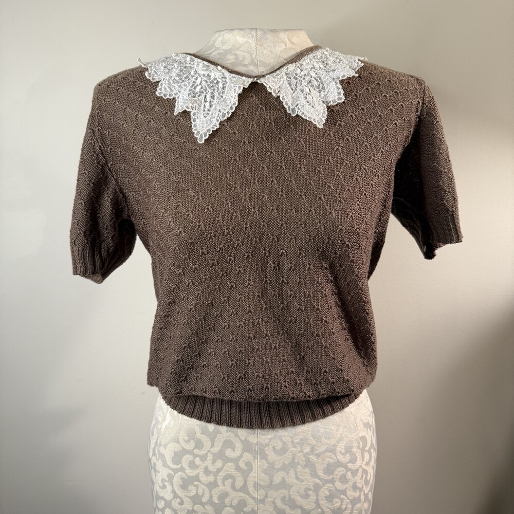 Brown Knit Blouse Womens Small Lace Collar Short-Sleeve Sweater